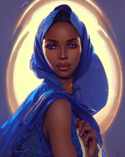 Image similar to Portrait of very very very very very very beautiful somali woman, spacesuit, blue eyes, real life skin, intricate, elegant, highly detailed, artstation, concept art, smooth, sharp focus, art by artgerm and greg rutkowski and alphonse mucha