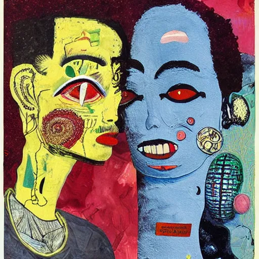 Image similar to beautiful painting of two bizarre psychedelic women kissing each other closeup on an alien planet, speculative evolution, mixed media collage by basquiat and junji ito, magazine collage art, paper collage art, sapphic art, lesbian art