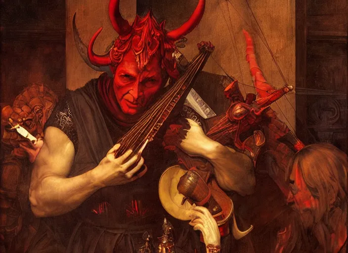 Prompt: a devil with red skin and horns. the red devil is bard playing lute. edgar maxence and caravaggio and michael whelan and delacroix style, artistic, intricate painting, cinematic lighting, hyper realistic, extremely detailed, vivid colors, establishing shot, dramatic lighting