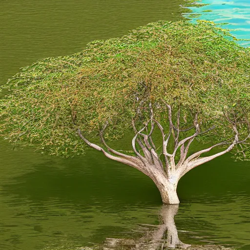 Prompt: an actual binary tree growing on the data lake shores