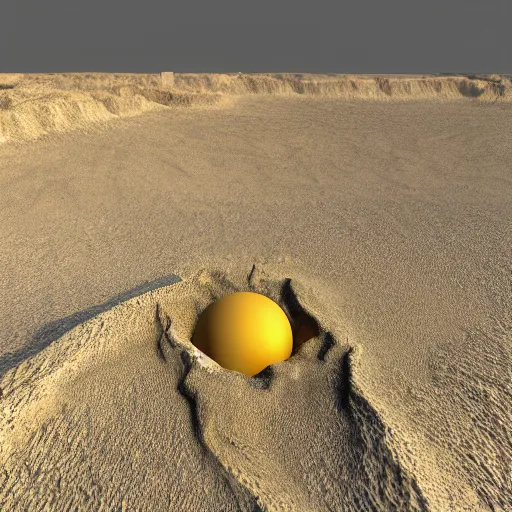 Prompt: in the center of a large sandy quarry in the sand lies a large golden ball, a broken excavator is standing nearby, an anomalous air funnel is nearby, 3 d render, high quality, depth of sharpness, focus on the object