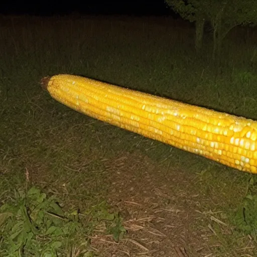 Image similar to giant corn on the cob, caught on nighttime trail cam footage, ominous