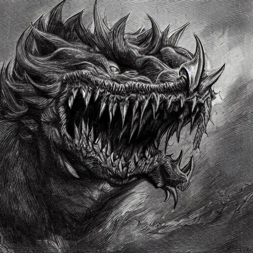 Prompt: portrait grayscale drawing by Gustave Dore of muscled manticore beast growling with ferocious teeth, swirling flames in background