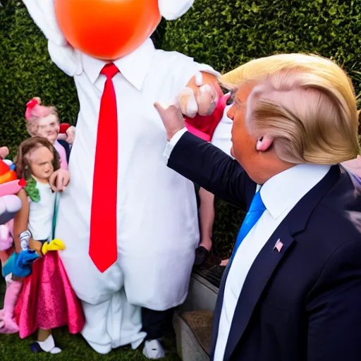 Image similar to high definition photo Donald trump dressed as Bugs Bunny spying on children at a birthday party, high quality, dynamic, good lighting