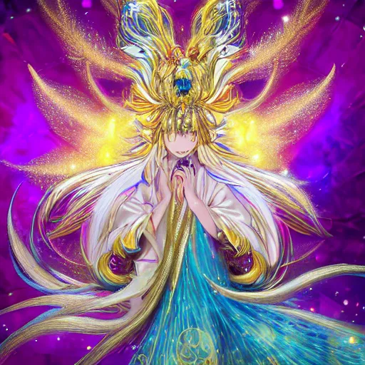 Prompt: portrait from an anime of an ethereal colorful gold blue starry peacock fox spirit hybrid character accented in bright metallic gold, wearing star filled magic imbued mage robes, art by yuji ikehata, background art by miyazaki, serious cartoon, proper human proportions, fully clothed