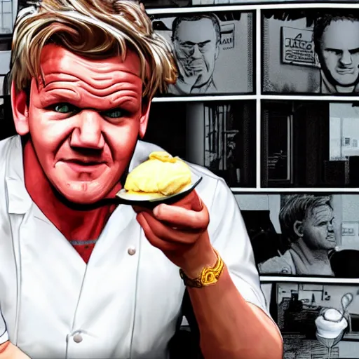 Image similar to GTA cover art of Gordon Ramsay eating an ice cream burger