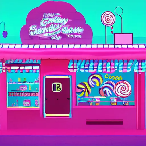Image similar to a candy store scene, digital art, bubblegum noir aesthetic