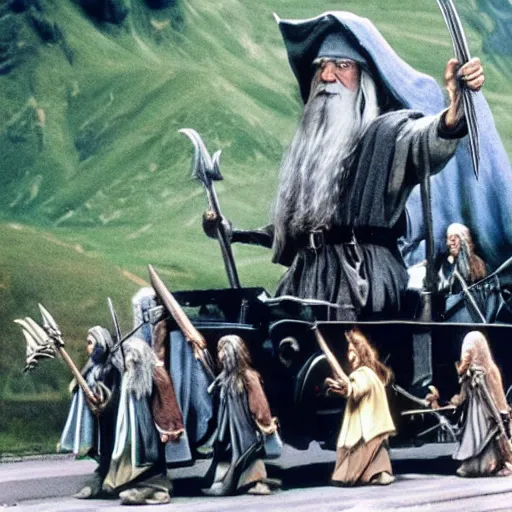 Prompt: Gandalf driving the hobbits to mordor in a station wagon