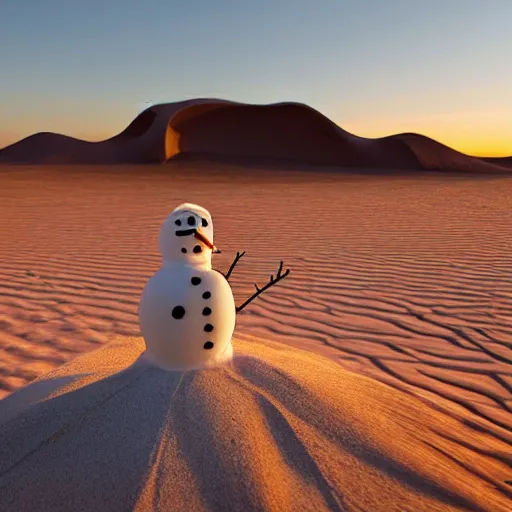 Image similar to a snowman is lost in the desert at sunset, he’s next to a sandcastle, beautiful photography, 8k, ambient light