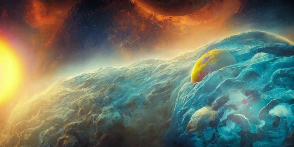 Image similar to a detailed matte painting of a marble - like water planet with continents orbiting a yellow sun in a sea of stars surrounded by colorful swirling gas clouds, by petros afshar, marc simonetti, trending on artstation, deviantart, planet, clouds, earth, exoplanet, stars, nubulae hubble, 8 k, 4 k