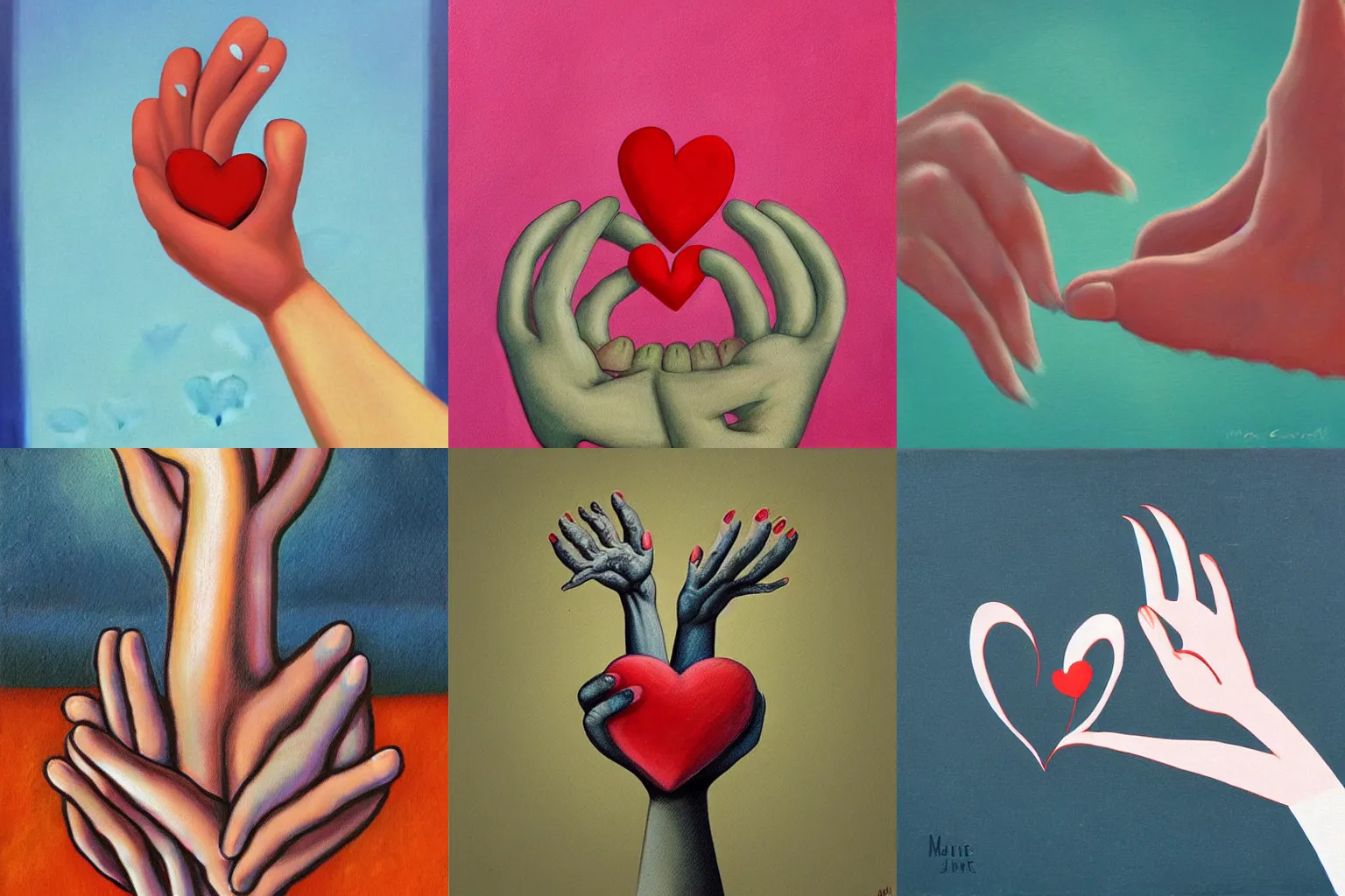 Prompt: A surrealistic painting of a giant hand holding a tiny heart on its palm. Illustrated by Marie Cardouat.