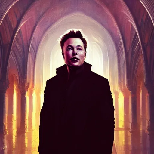 Image similar to a portrait of elon musk radiating holy light in a cavernous cathedral,in the style of greg rutkowski,epic lighting,Postmodernism style,Masterpieces,oil on canvas