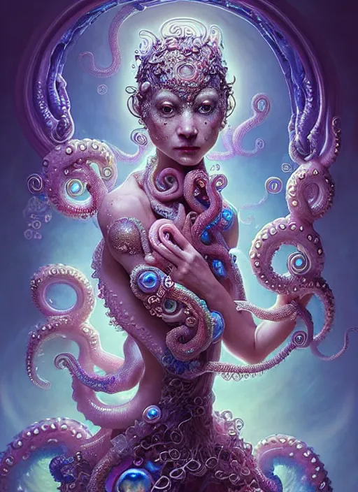 Image similar to A full shot of a cute magical monster Cryptid wearing an ornate dress made of opals and tentacles. Subsurface Scattering. Translucent Skin. Caustics. Prismatic light. defined facial features, symmetrical facial features. Opalescent surface. Soft Lighting. beautiful lighting. By Giger and Ruan Jia and Artgerm and WLOP and William-Adolphe Bouguereau and Loish and Lisa Frank. Sailor Moon. Masterpiece. trending on artstation, featured on pixiv, award winning, cinematic composition, dramatic pose, sharp, details, Hyper-detailed, HD, HDR, 4K, 8K.