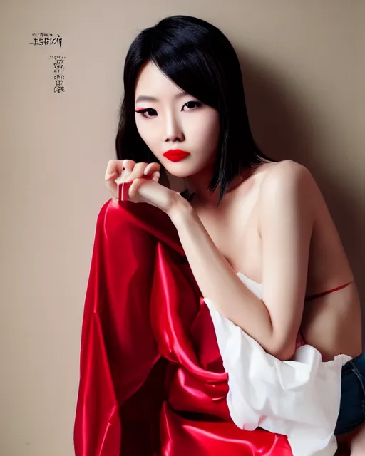 Image similar to photoshoot of du juan, asian model, portrait, cover, skincare, real life skin details, light makeup, beautiful hair, hairstyle, ((red lips)), elegant, soft light, cinematic