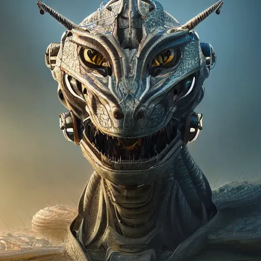 Image similar to Perfectly-centered portrait of a robotic dragon, lifelike, super highly detailed, professional digital painting, artstation, concept art, smooth, sharp focus, extreme illustration, Unreal Engine 5, Photorealism, HD quality, 8k resolution, cinema 4d, 3D, beautiful, cinematic, art by artgerm and greg rutkowski and alphonse mucha and loish and WLOP