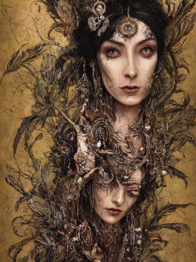 Image similar to a centered portrait of a dark tribal fairy with face tatoos wearing ornate and intricate jewellery made from sticks and feathers and leaves and jewels | Photorealistic, Detailed, Realism, Fantasy, Voluemetric Lighting, Global Illumination, Subsurface Scattering, Photographic Color Scheme blur, by Karol Bak:10, by brian froud:5, by beeple:3, HD | trending on artstation