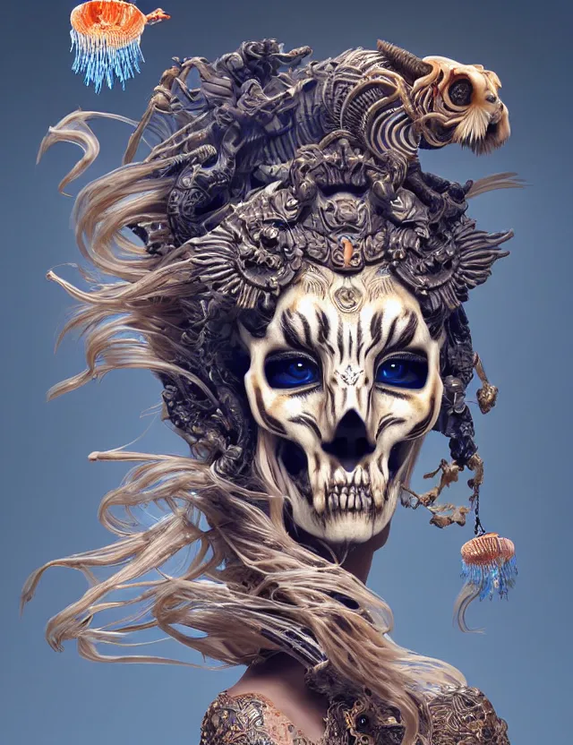 Image similar to 3 d goddess tiger skull half - turn portrait with long hair with ram skull. beautiful intricately detailed japanese crow kitsune mask and clasical japanese kimono. betta fish, jellyfish phoenix, bio luminescent, plasma, ice, water, wind, creature, artwork by tooth wu and wlop and beeple and greg rutkowski