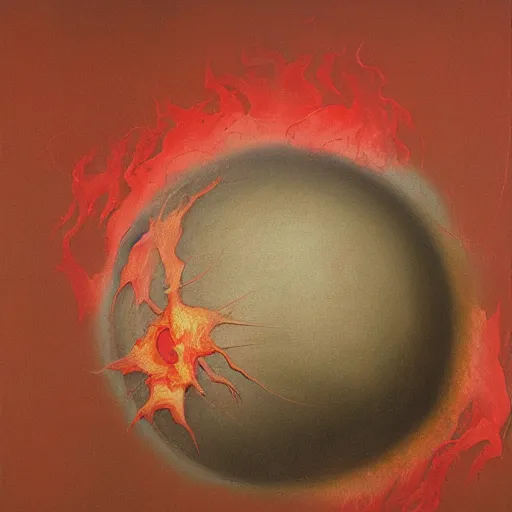 Image similar to a sphere being devoured by abstract splatters of paint in the style of francis bacon, venus being engulfed in flames in the style of james jean, surreal, beksinski, high detailed