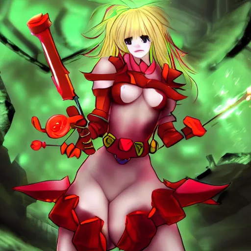 Image similar to flandre scarlet in metroid prime magmoor caverns, touhou, lava, cave