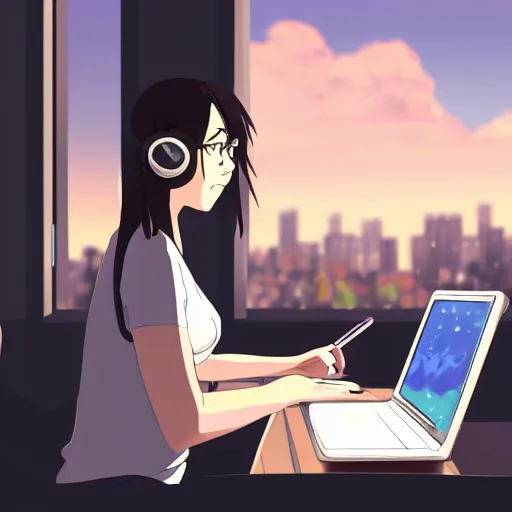 Image similar to a beautiful side view portrait of a beautiful girl sitting on her desktop writing something, headphones on, hand on her chin, nightlamp, digital art, anime, studio ghibli style, window and city background