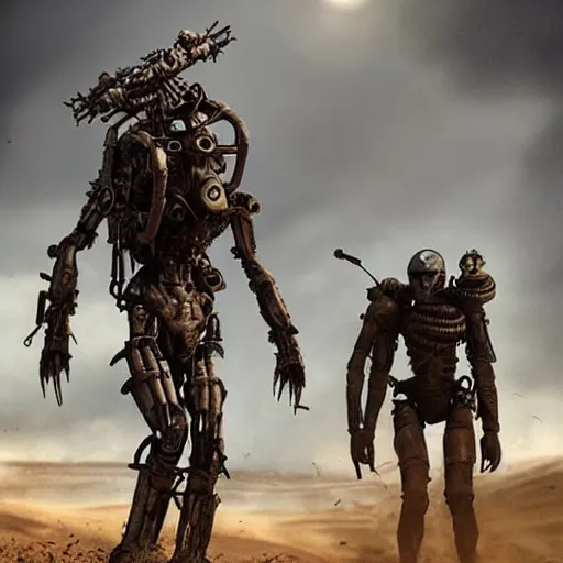 Image similar to ant humanoid mechanic, post-apocalyptic, mad max style, top cinematic lighting , cinematic mood, very detailed,