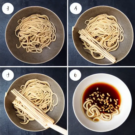 Prompt: making of an edible giraffe from noodles and soy sauce in 4 steps, starting with a bowl of noodles and ending with a noodle giraffe, each step is a progression from the last, dslr