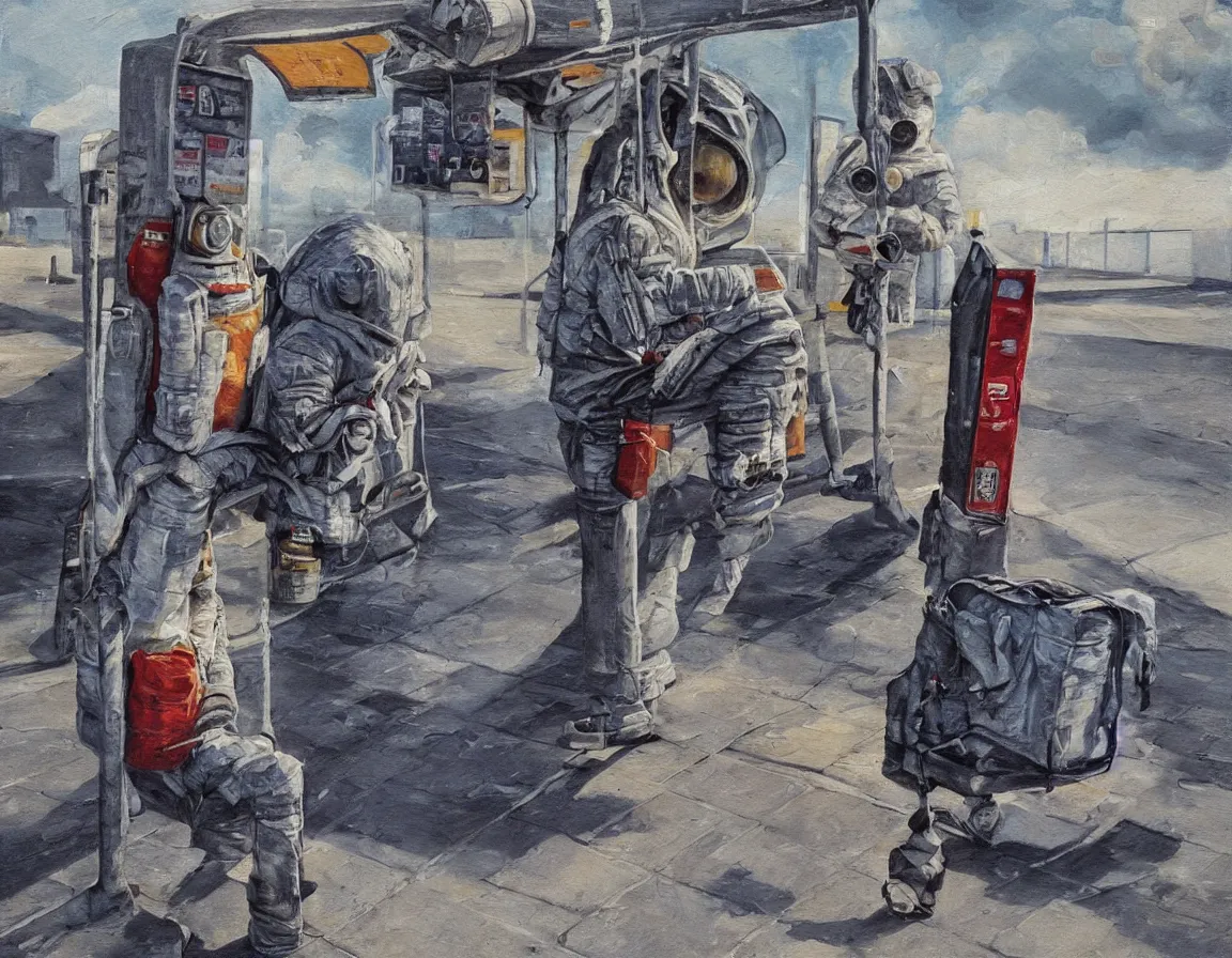 Image similar to hyper realistic oil painting of sitting astronaut waiting for the bus at the bus stop, hd, hdr, by stanisław wyspianski, ultra detailed, high resolution