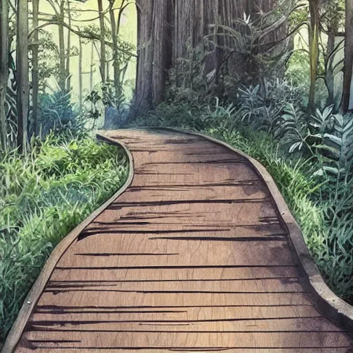 Image similar to Wooden footpath next to water in beautiful overgrown futuristic sci-fi city in harmony with nature. Nice colour scheme, soft warm colour. Beautiful detailed watercolor by Lurid. (2022)