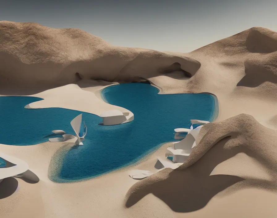 Prompt: desert, white, transitions between flying islands, minimalist architecture, stone grotto in the center, portal. zaha hadid, oscar niemeyer, architectural rendering. trending on artstation. vogue magazine. halo. octane rendering, cinematic, hyperrealism, bokeh. iridescent accents. teal gold and blue color scheme