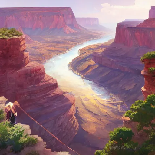 Image similar to concept art painting of a grand canyon with huge ocean inside, giant river, with unfinished bridge under construction, realistic, detailed, cel shaded, in the style of makoto shinkai and greg rutkowski and james gurney