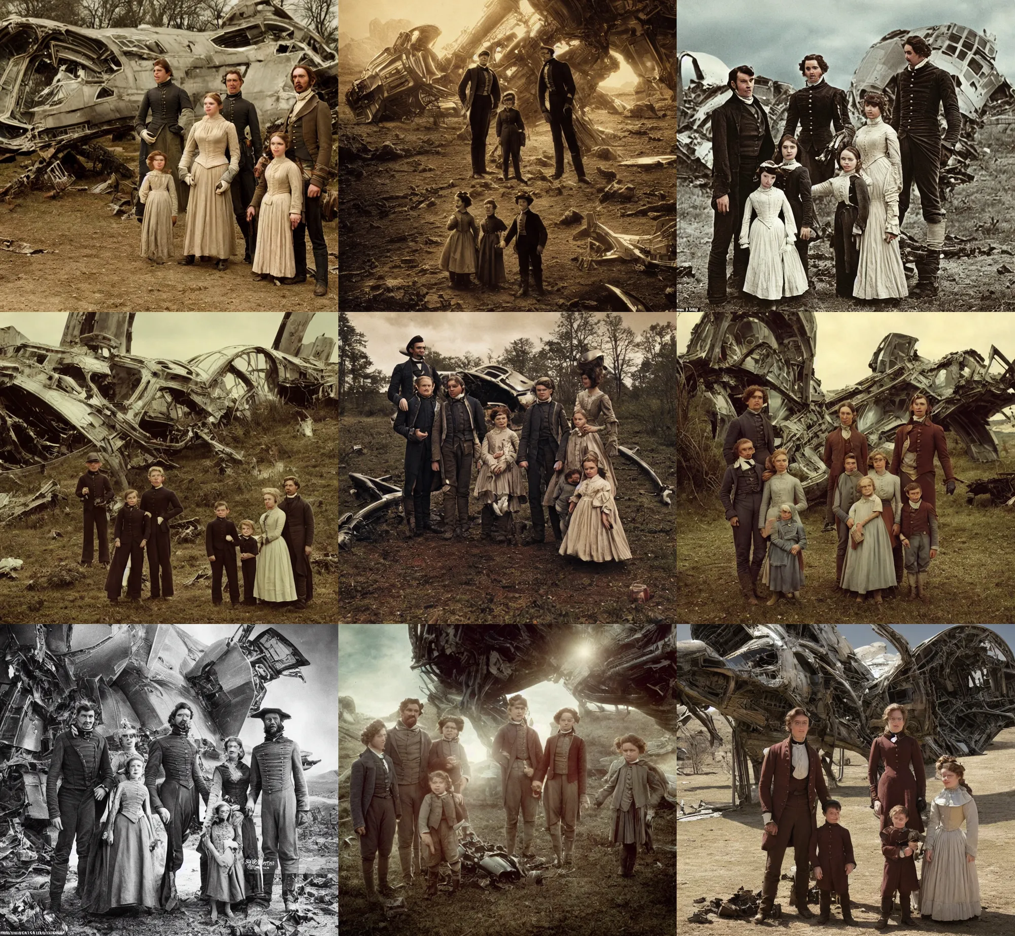 Prompt: extremely sharp, detailed, from blockbuster sci fi 8 k color movie freeze frame, set in 1 8 6 0, family standing in front of a crashed spaceship, on alien planet, looking happy, wearing 1 8 5 0 s era clothes, atmospheric lighting, in focus, reflective eyes, 3 5 mm macro lens, live action, nice composition, good photography, clear facial details