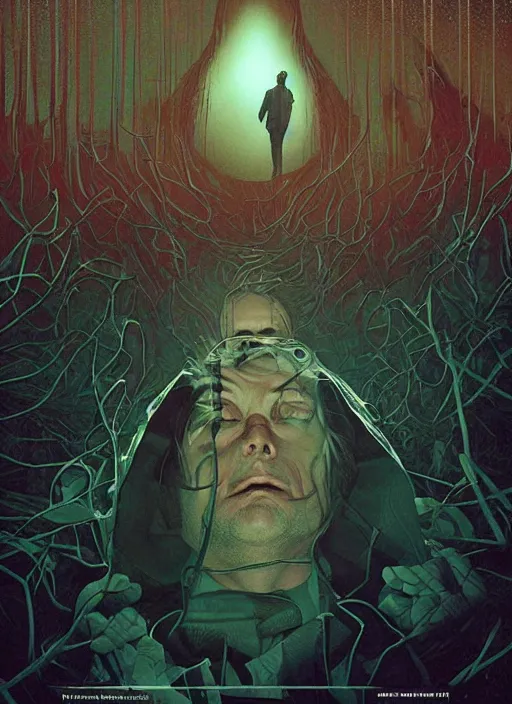 Image similar to poster artwork by Michael Whelan and Tomer Hanuka, Karol Bak of the Mads Mikkelsen, from scene from Twin Peaks, clean