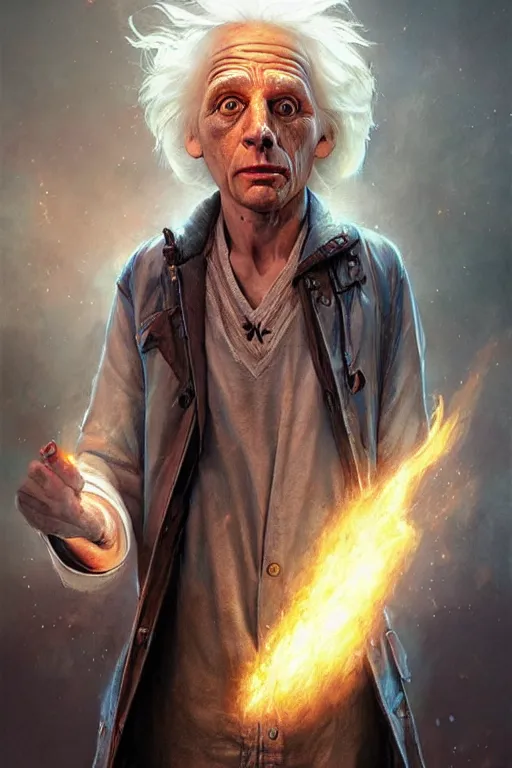 Image similar to character art by bastien lecouffe - deharme, doc emmett brown, absolute chad