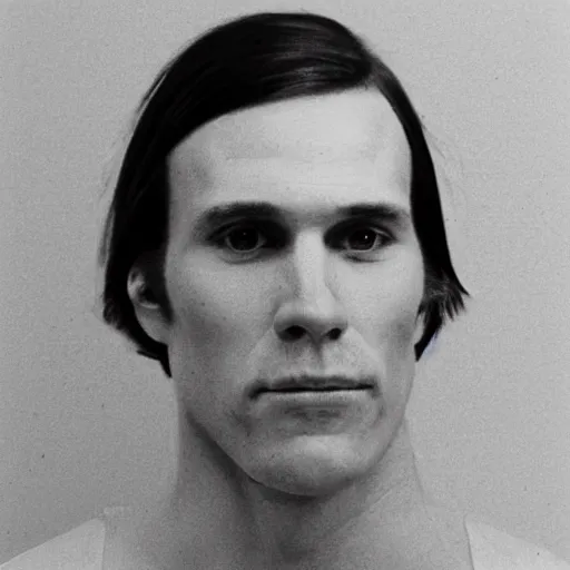 Image similar to A mugshot portrait of a man who looks like Jerma985 with short length wavy hair, a combover and wearing late 1970s menswear in the late 1970s, taken in the late 1970s, grainy, realistic, hyperrealistic, very realistic, highly detailed, very detailed, extremely detailed, detailed, trending on artstation, front facing, front view, headshot and bodyshot, detailed face, very detailed face