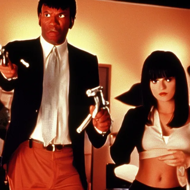 Image similar to film still from Pulp Fiction (1994) but every character is Donald Trump