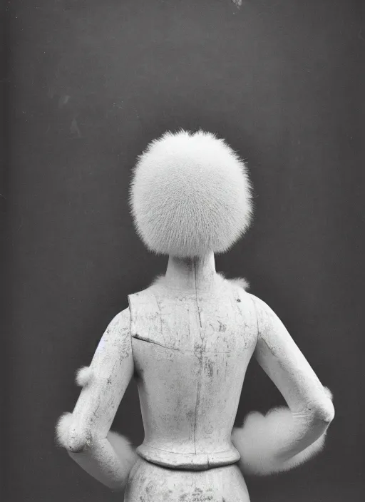 Image similar to realistic photo of a a medieval antique old wooden sculpture of a girl dressed white spherical fluffy hat helmet, greyscale 1 9 9 0, life magazine photo, natural colors, metropolitan museum, kodak