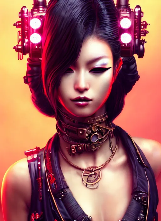 Prompt: soft lustrous ebony geisha seductive raver gutter punk steampunk cyborg, yakuza, golden ratio, details, scifi, fantasy, cyberpunk city, intricate, decadent, highly detailed, octane render, digital painting, artstation, concept art, sharp focus, illustration, art by artgerm, loish, wlop