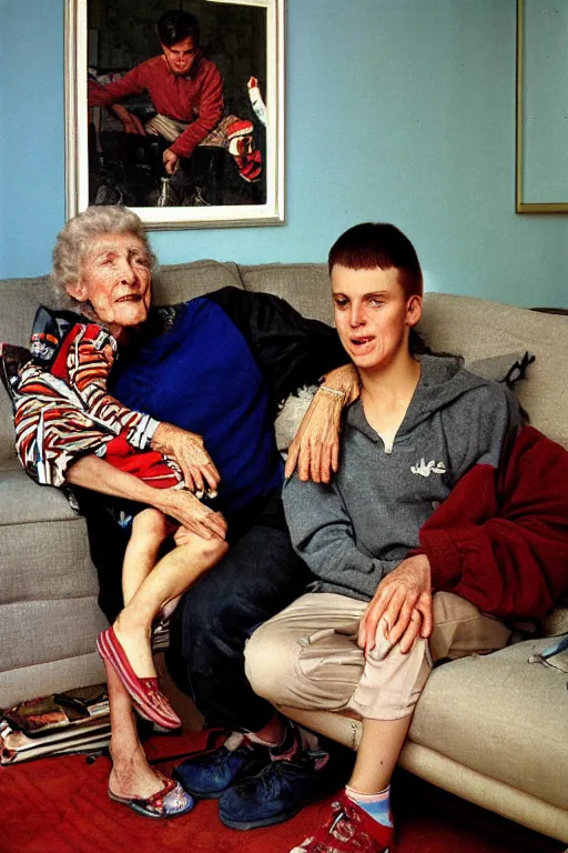 Prompt: portrait of russian athlete young man posing in his grandparents living room, his grandmother sitting on the sofa by a carpet on the wall, 1987, norman rockwell