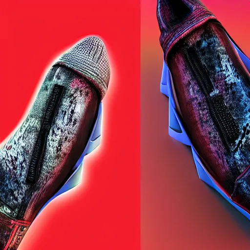 Prompt: futuristic balenciaga and vetements sneakers on gradient background, ultra rendered extreme realism and detail, 8 k, highly detailed, realistic, completely framed, pbr, giger style, hyper realistic, photorealistic, sharp focus,