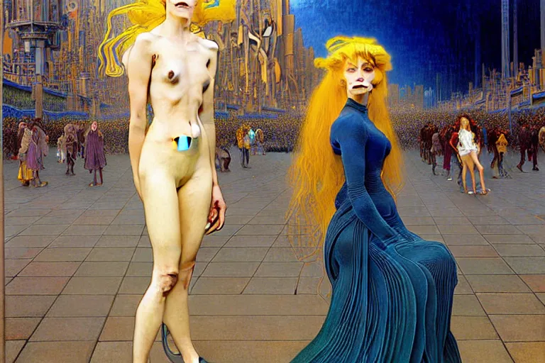 Prompt: realistic extremely detailed full length portrait painting of a girl with blond hair in a crowded modern sci-fi city street by Jean Delville, Amano, Yves Tanguy, Alphonse Mucha, Ernst Haeckel, Edward Robert Hughes, Roger Dean, rich moody colours, blue eyes