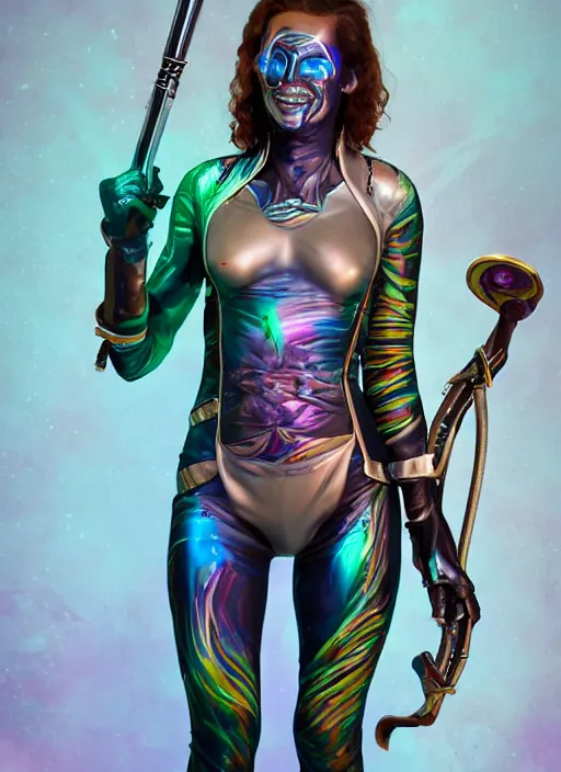 Image similar to iridescent bodypaint on a swashbuckling space pirate, she is wearing a futuristic space bounty hunter clothes, digital art