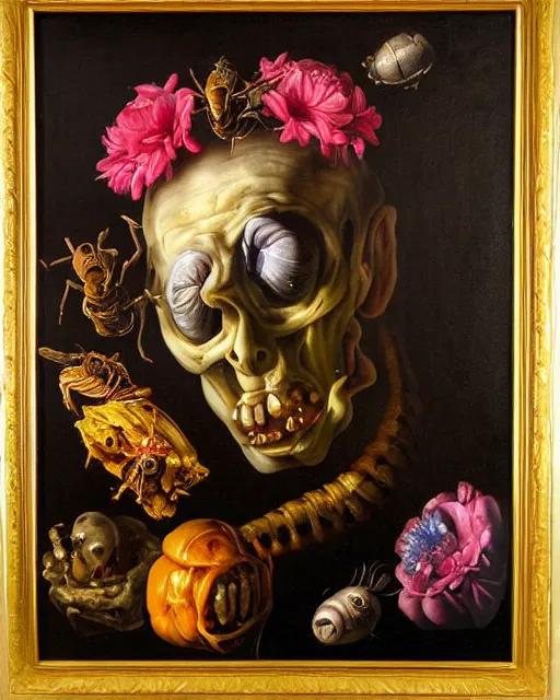 Image similar to refined gorgeous blended oil painting with black background by christian rex van minnen rachel ruysch dali todd schorr of a chiaroscuro portrait of an extremely bizarre disturbing mutated man made of still life flowers and rubber insects with shiny skin acne dutch golden age vanitas intense chiaroscuro cast shadows obscuring features dramatic lighting perfect symmetry perfect composition masterpiece