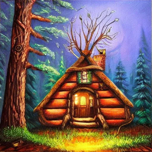 Image similar to elf magical forest wood cabin with a chimney, oil painting