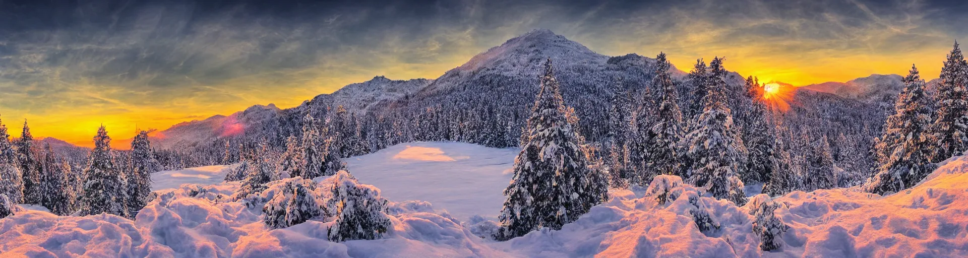 Prompt: beautiful snowy mountain landscape with a majestic sunrise and, art, high detail, high definition, photorealistic, hdr,