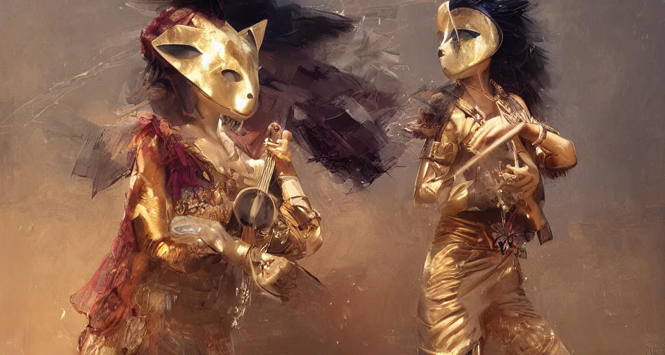 Image similar to craig mullins and ghibli digital art of a masked female play violin on the stage ， exotic costumes, gold jewelry, black hair, realistic shading, cinematic composition, realistic render, octane render, detailed textures, photorealistic, wide shot