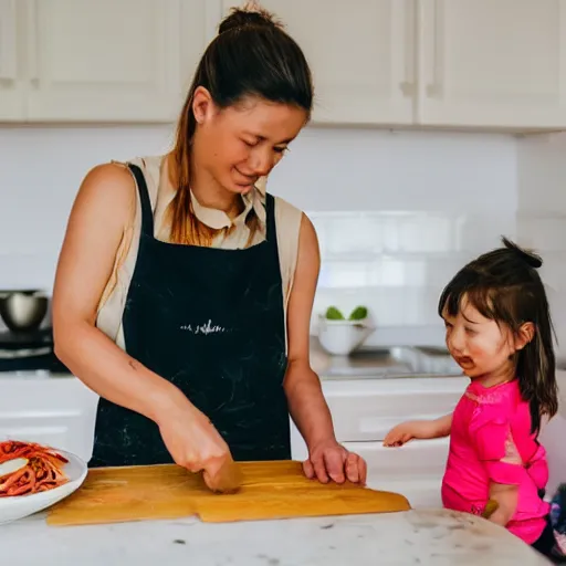 Image similar to small girl making spring rolls in the kitchen and mom is helping