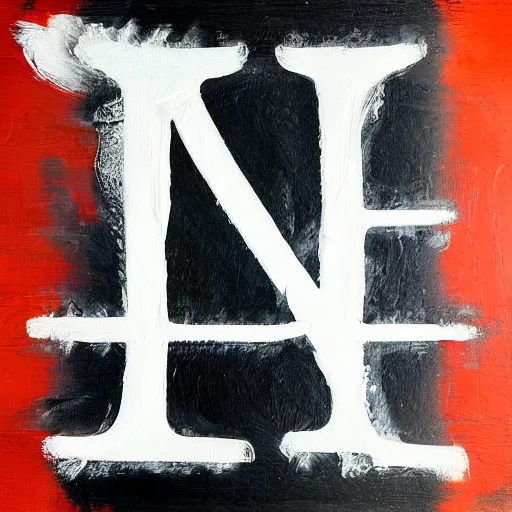 Image similar to the letter m painted with thick white oil paint in loose brush strokes on a black background, centered in view