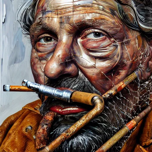 Image similar to an extreme close up portrait a beared wizard smoking a pipe, front angle, by Lucian Freud and Jenny Saville and Anselm Kiefer, oil painting, rust, Scaffolding, rusted metal, iron cladding, decay, mixed media, textured, anatomically correct, beautiful perfect face, visible brushstrokes, sharp focus, Highly Detailed, Cinematic Lighting, 8k, HD
