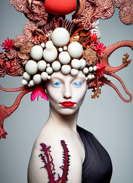 Prompt: biomechanical beautiful woman portrait with a smooth carved porcelain ivory profile face, futuristic haute couture, iris van herpin, headdress with daisies, colorful puffballs, leaves, mushrooms, rhizomorphs, brackets, sponge corals, laser cut paper, red lips, black tendrils, hyper detailed, ultra sharp, 8 k, uhd