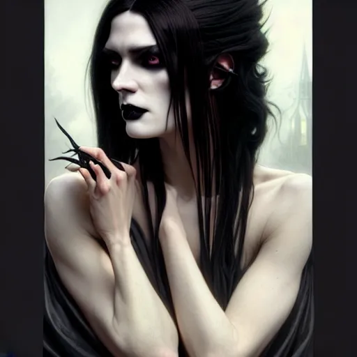 Image similar to portrait painting of an androgynous goth witch with shoulder length flowing black hair pale skin and beautiful dark brown eyes, ultra realistic, concept art, intricate details, eerie, highly detailed, photorealistic, octane render, 8 k, unreal engine. art by artgerm and greg rutkowski and alphonse mucha